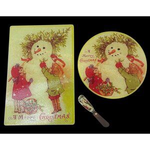 Christmas-Themed Glass Cheese Board Set with Spreader and Tray Snowman and Child